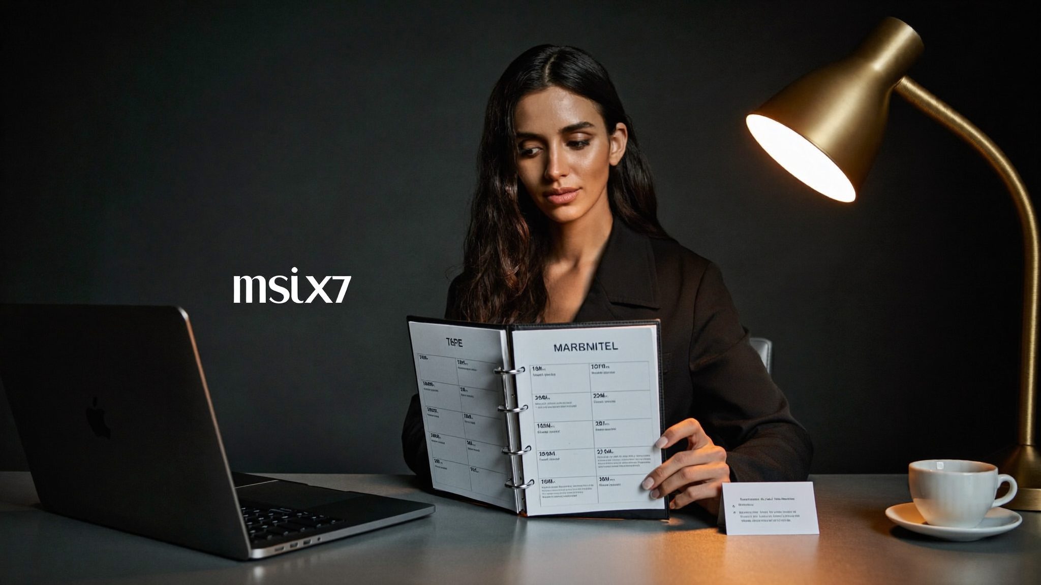 A model at a desk reviewing her portfolio